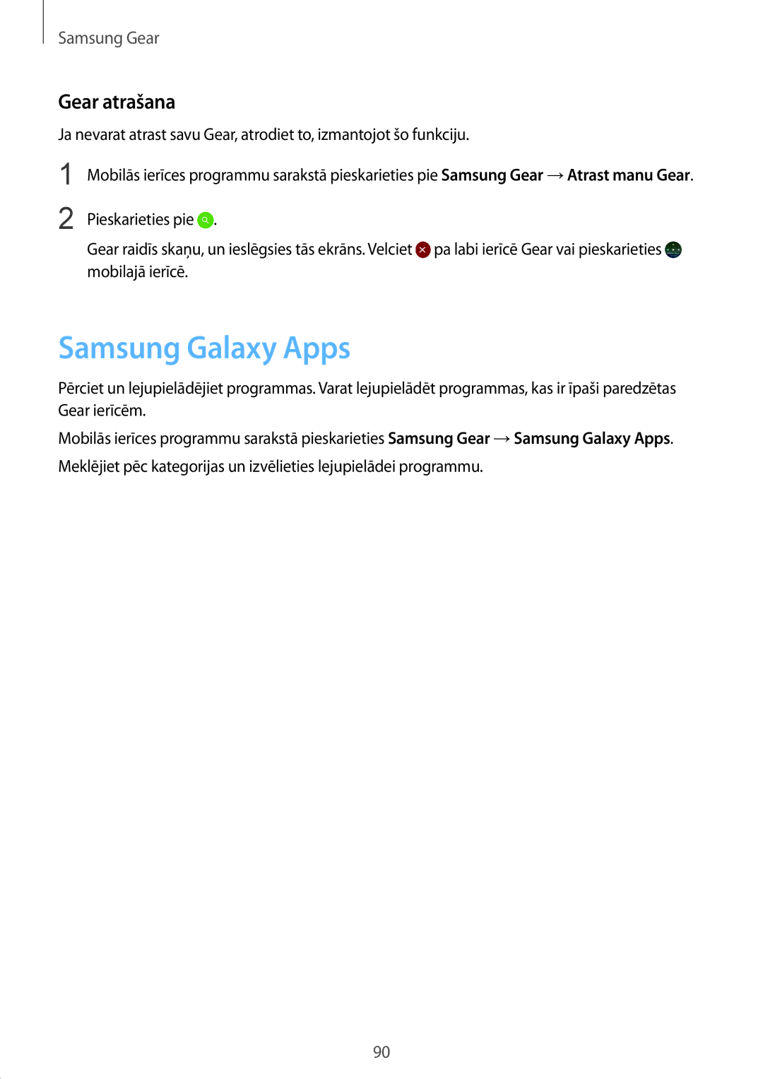 Samsung SM-R7350ZKOEMT manual Samsung Galaxy Apps, Gear atrašana 