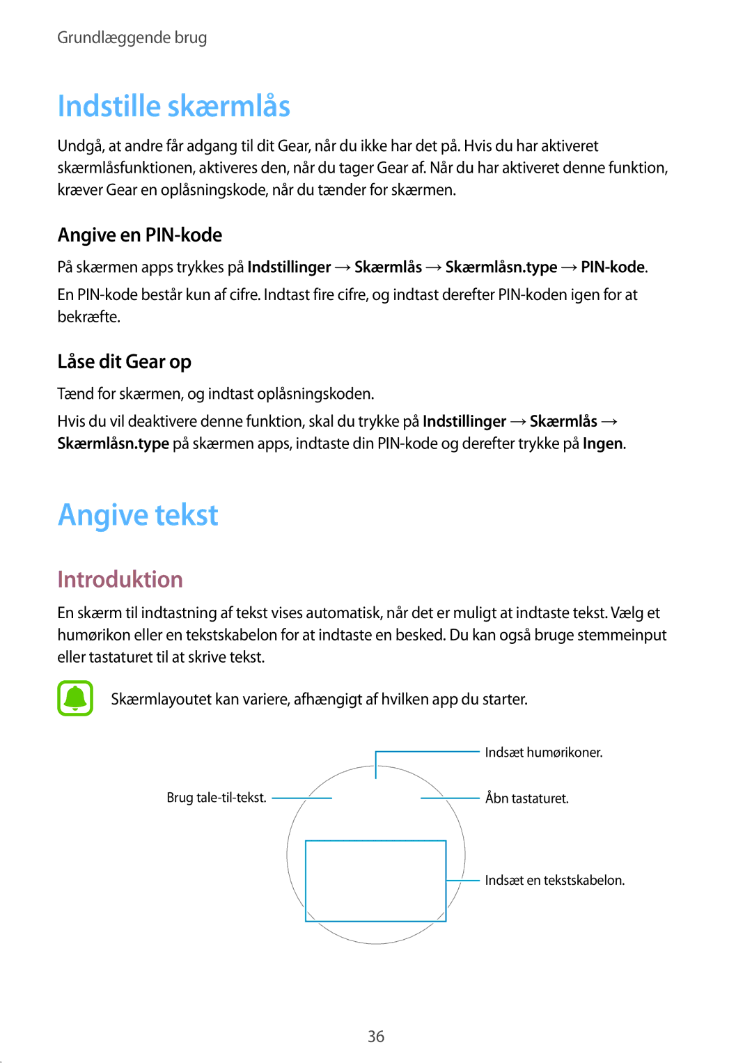 Samsung SM-R7350ZKONEE manual Indstille skærmlås, Angive tekst, Angive en PIN-kode, Låse dit Gear op 