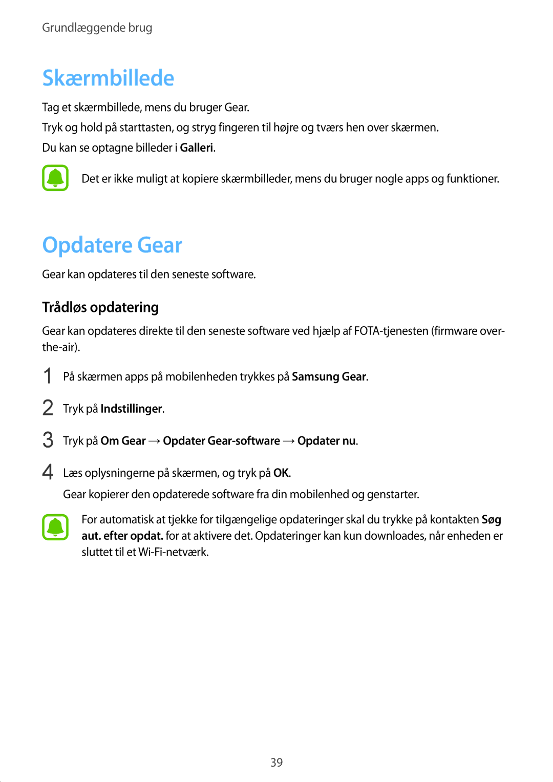 Samsung SM-R7350ZKONEE manual Skærmbillede, Opdatere Gear, Trådløs opdatering, Gear kan opdateres til den seneste software 