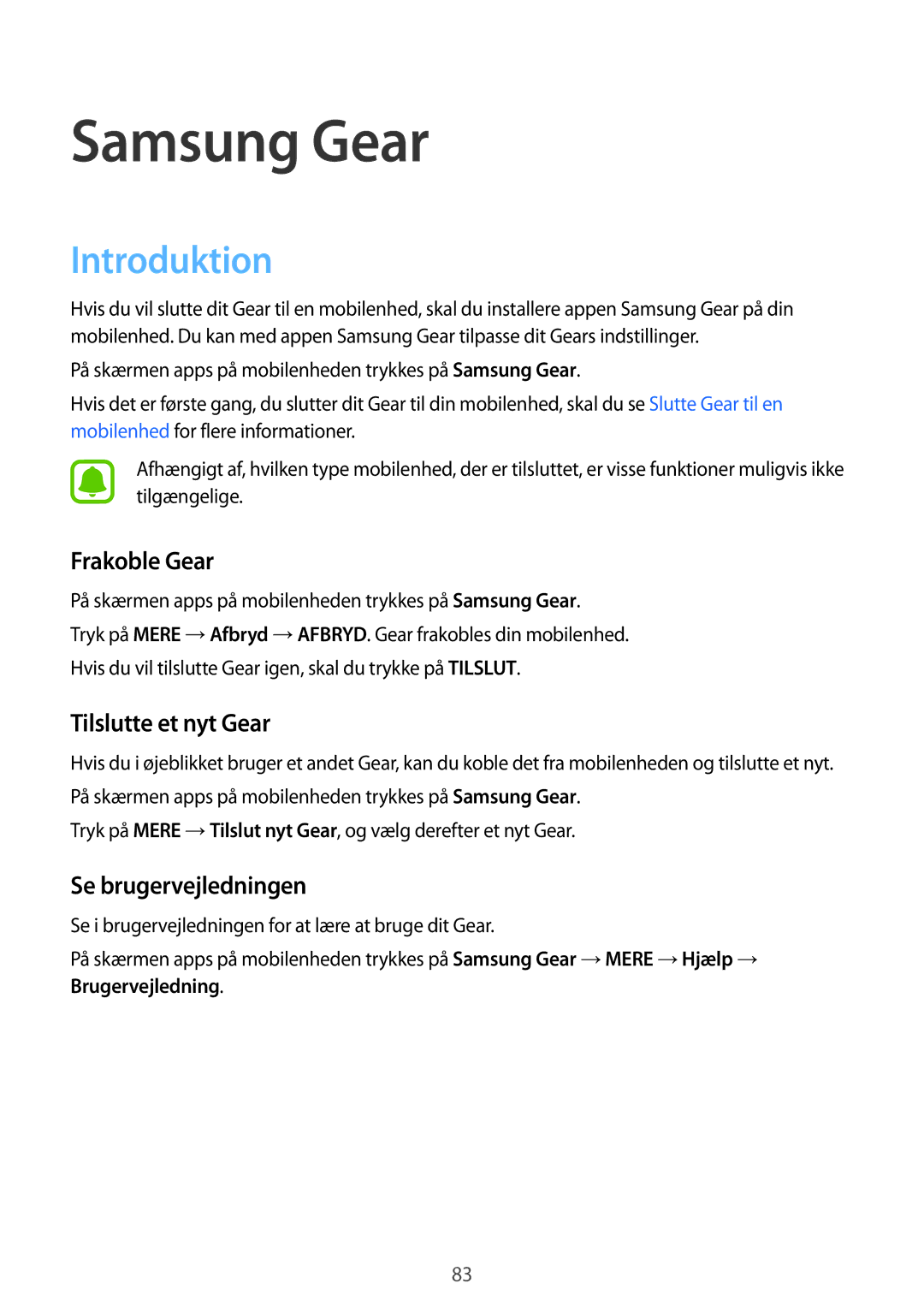 Samsung SM-R7350ZKONEE manual Frakoble Gear, Tilslutte et nyt Gear, Se brugervejledningen, Brugervejledning 