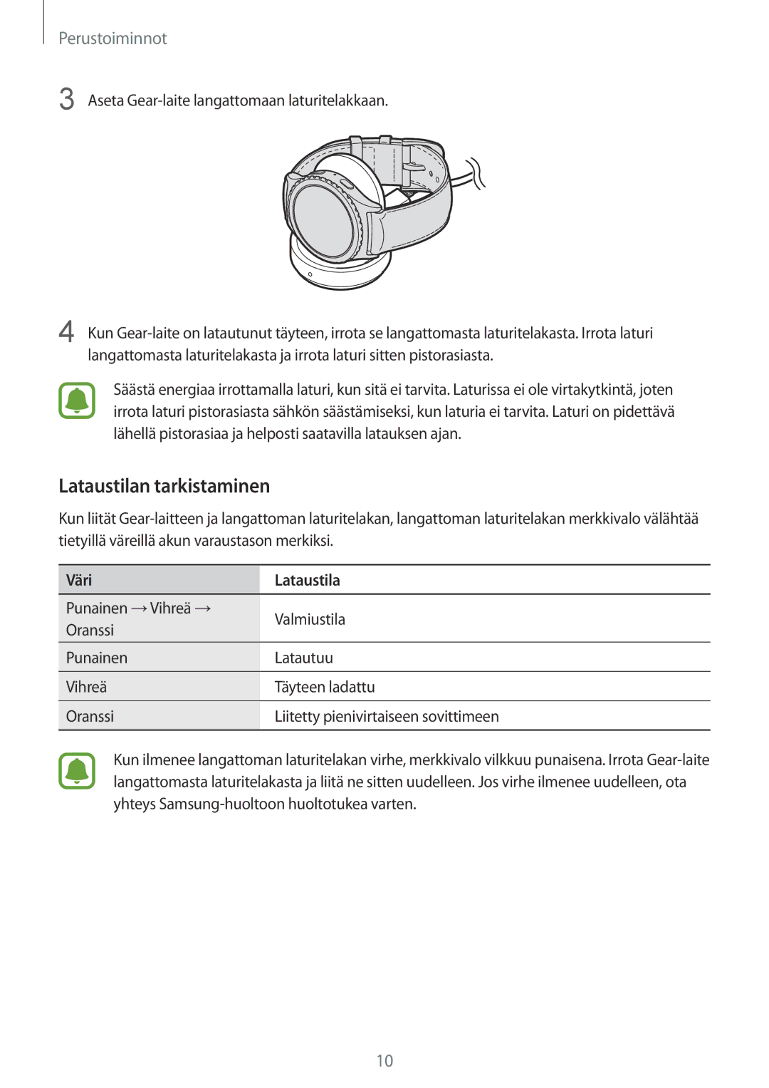 Samsung SM-R7350ZKONEE manual Lataustilan tarkistaminen, Väri Lataustila 