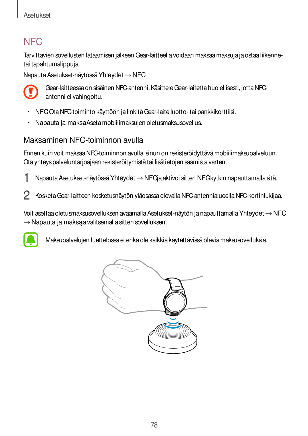 Samsung SM-R7350ZKONEE manual Nfc, Maksaminen NFC-toiminnon avulla 