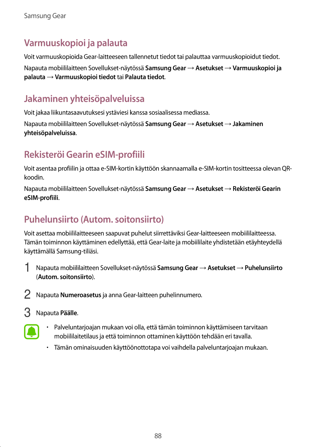 Samsung SM-R7350ZKONEE manual Varmuuskopioi ja palauta, Jakaminen yhteisöpalveluissa, Rekisteröi Gearin eSIM-profiili 