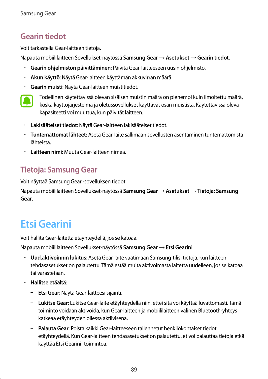 Samsung SM-R7350ZKONEE manual Etsi Gearini, Gearin tiedot, Tietoja Samsung Gear, Hallitse etäältä 
