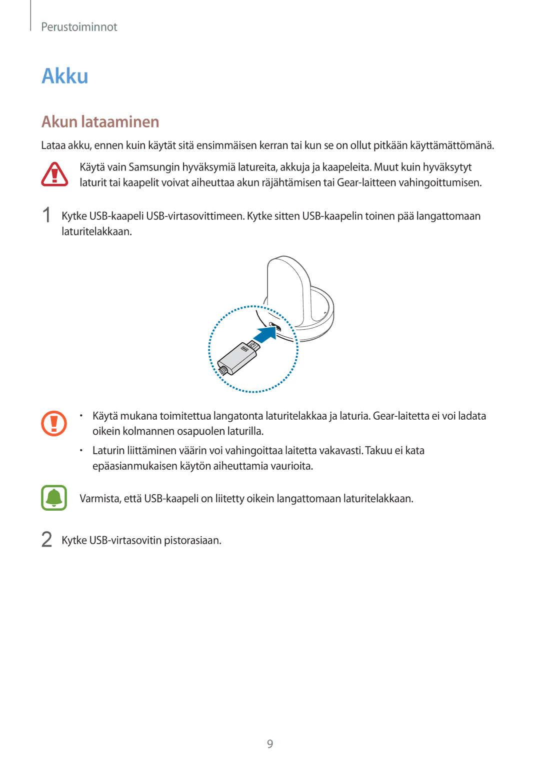 Samsung SM-R7350ZKONEE manual Akku, Akun lataaminen 