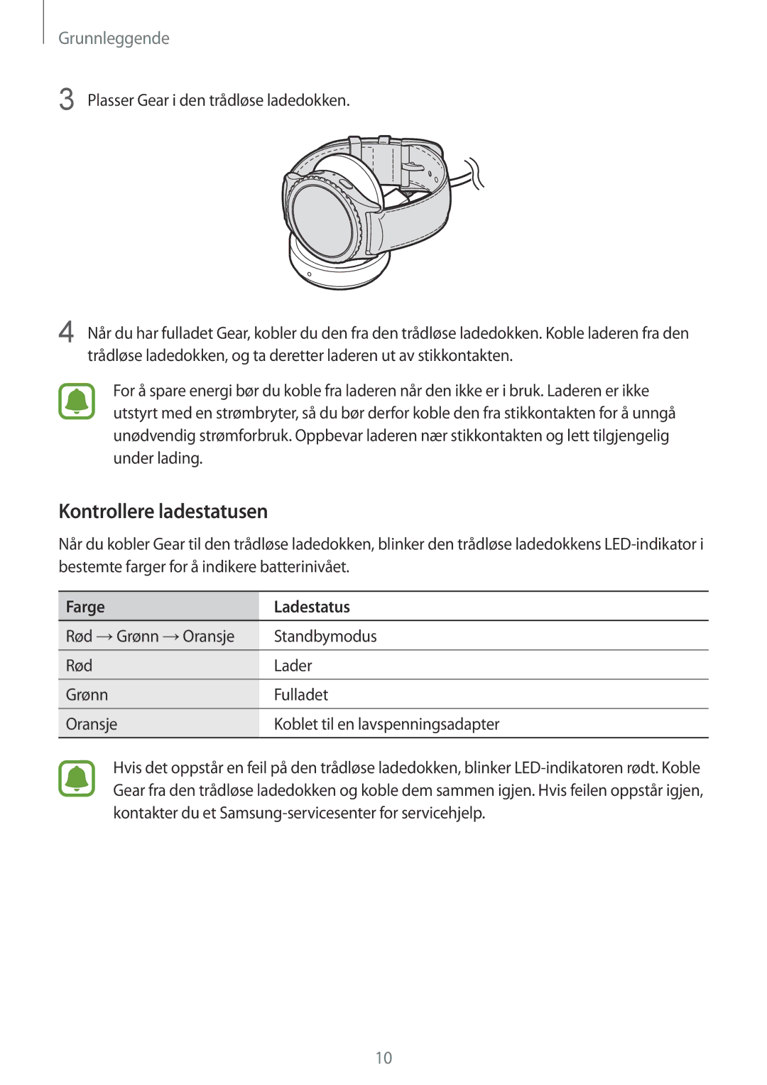 Samsung SM-R7350ZKONEE manual Kontrollere ladestatusen, Plasser Gear i den trådløse ladedokken, Farge Ladestatus 