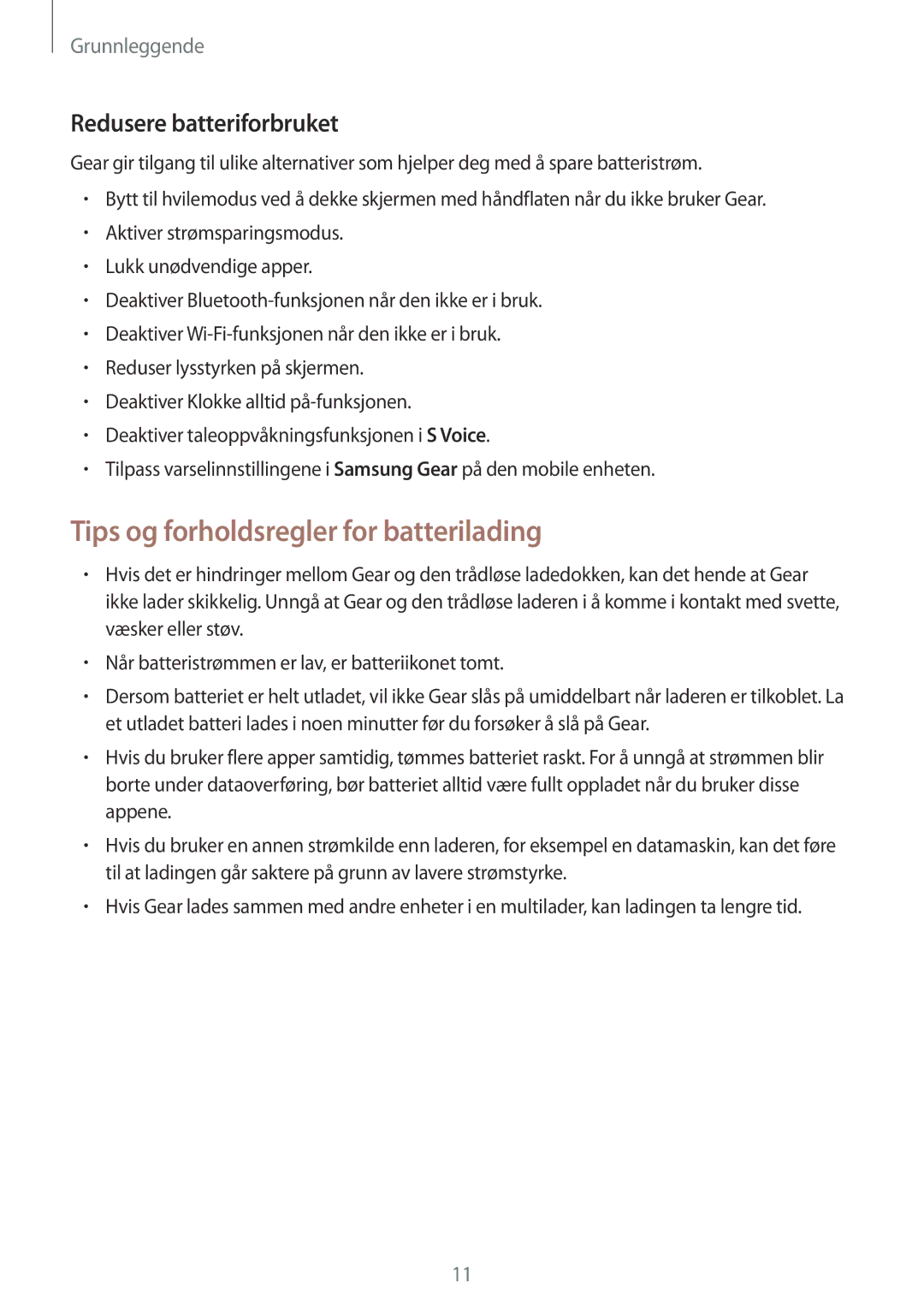 Samsung SM-R7350ZKONEE manual Tips og forholdsregler for batterilading, Redusere batteriforbruket 