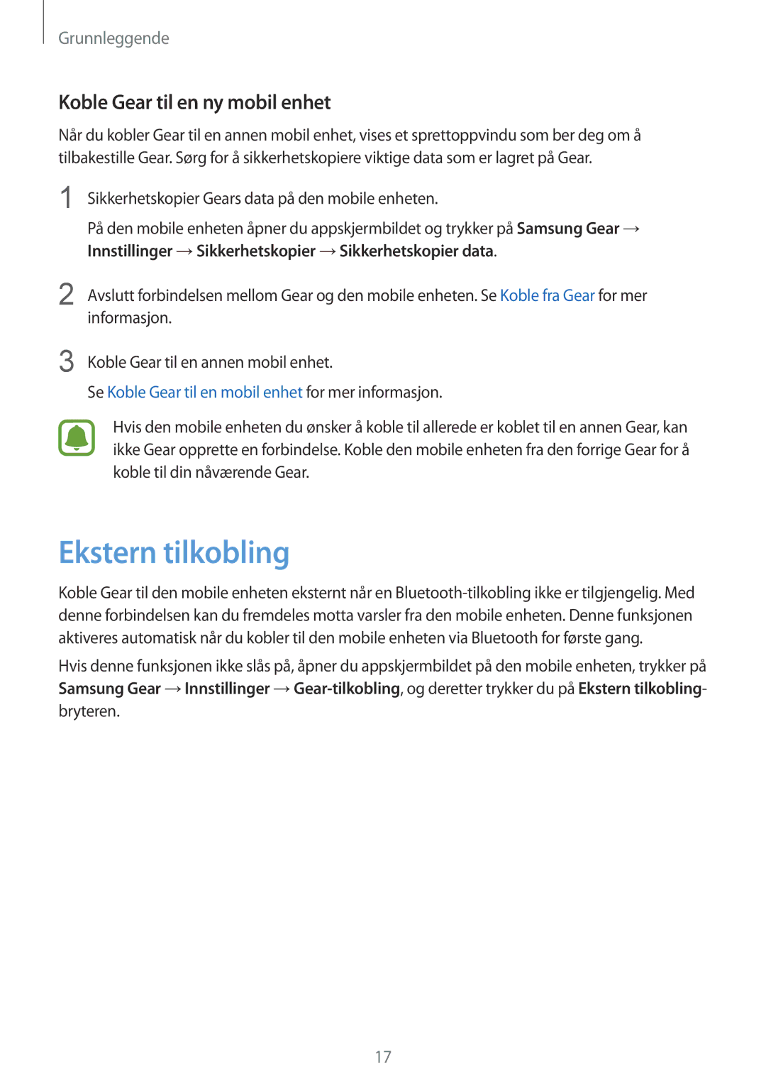 Samsung SM-R7350ZKONEE manual Ekstern tilkobling, Koble Gear til en ny mobil enhet 