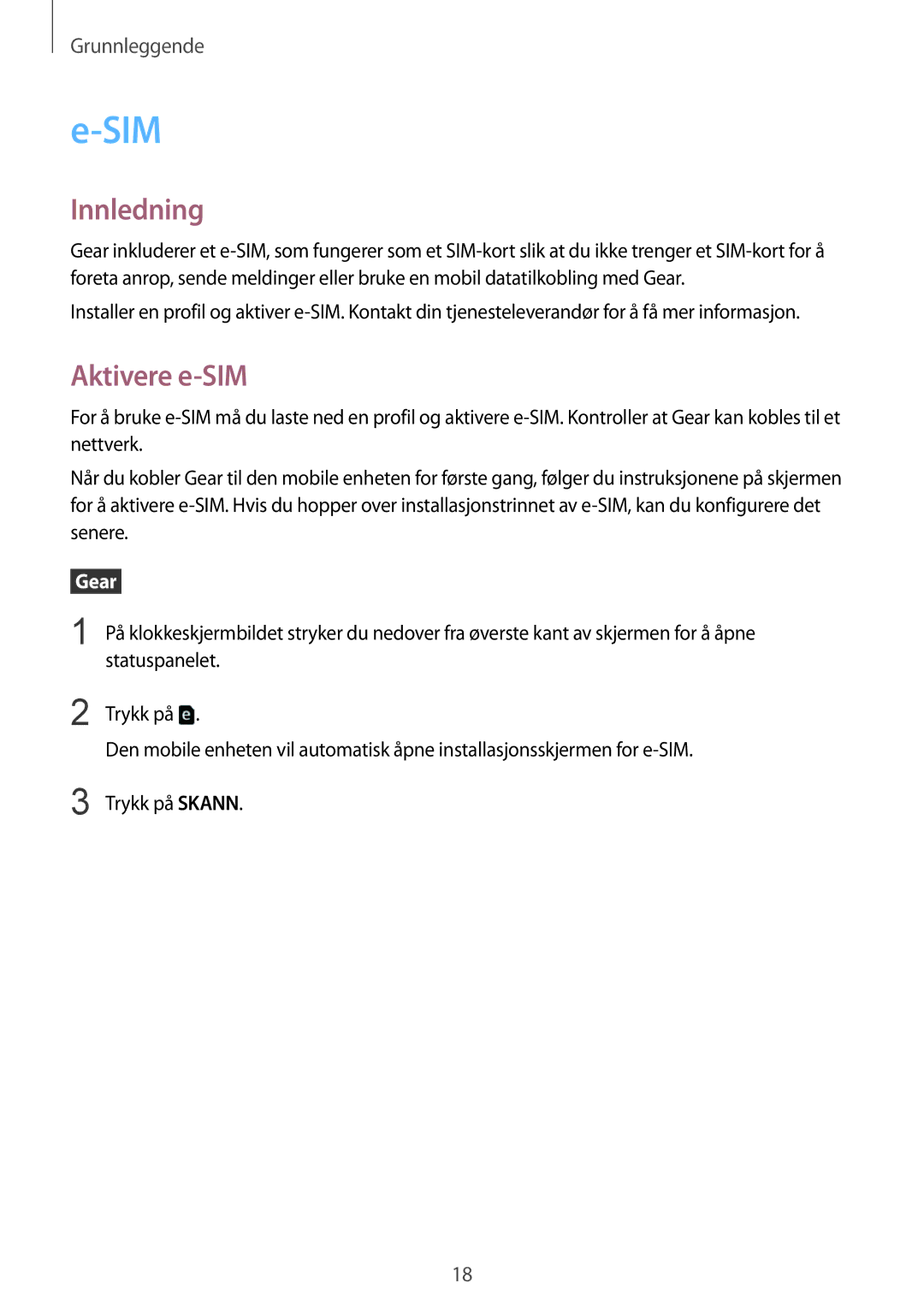Samsung SM-R7350ZKONEE manual Sim, Innledning, Aktivere e-SIM 
