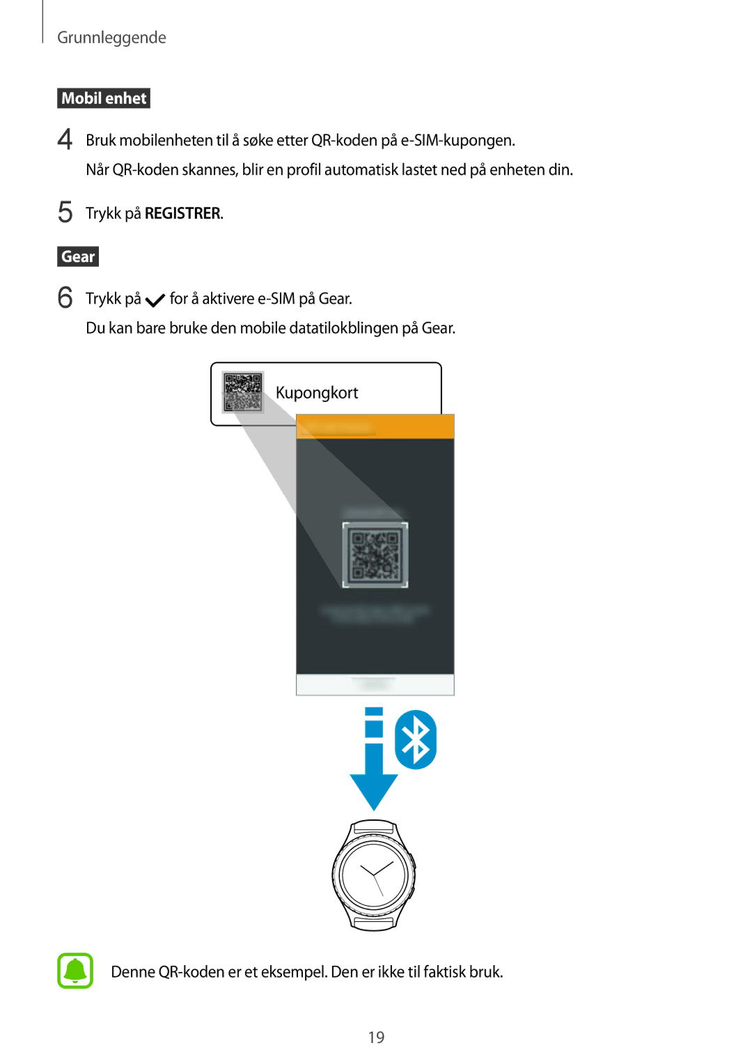 Samsung SM-R7350ZKONEE manual Trykk på Registrer, For å aktivere e-SIM på Gear 