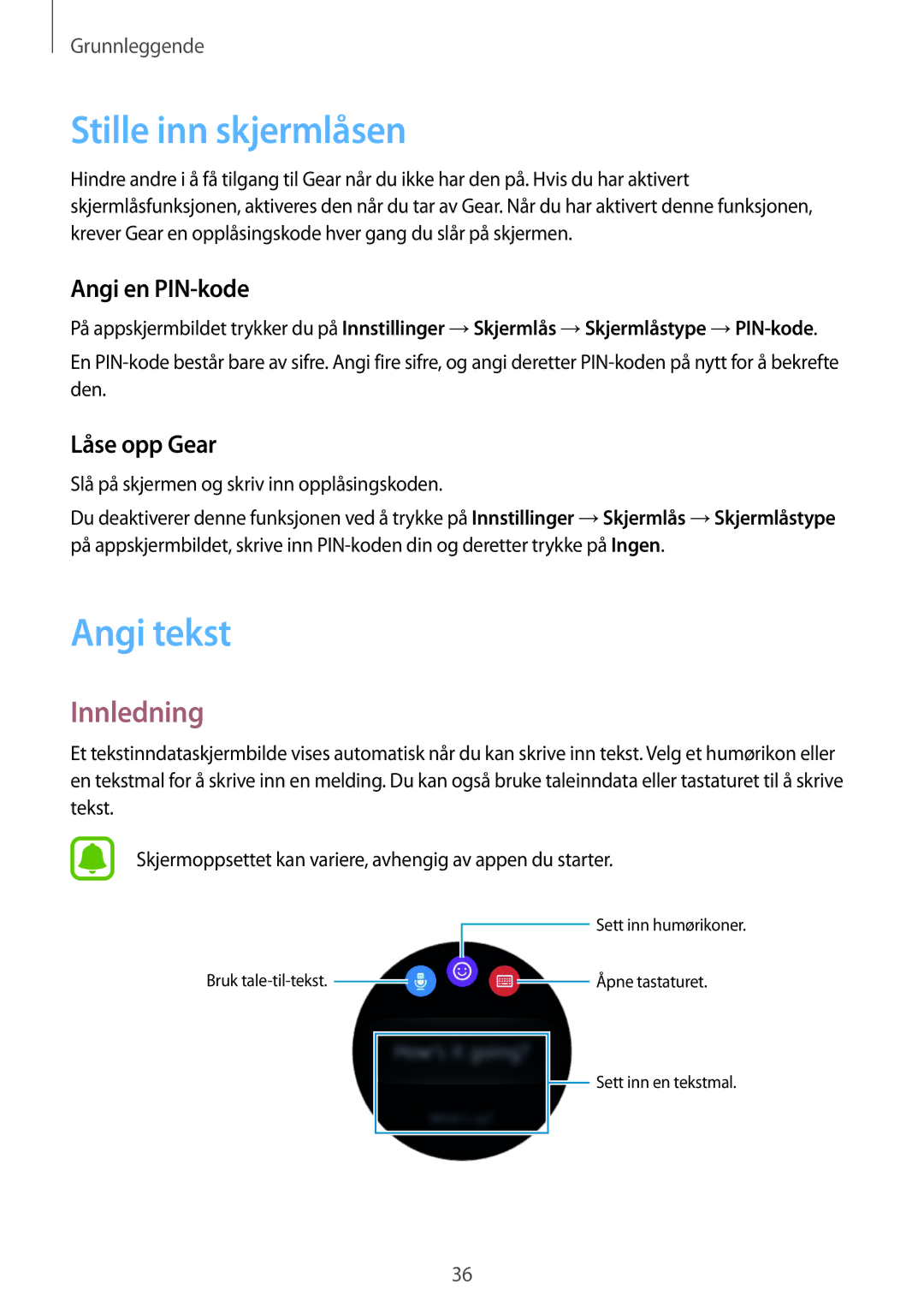 Samsung SM-R7350ZKONEE manual Stille inn skjermlåsen, Angi tekst, Angi en PIN-kode, Låse opp Gear 