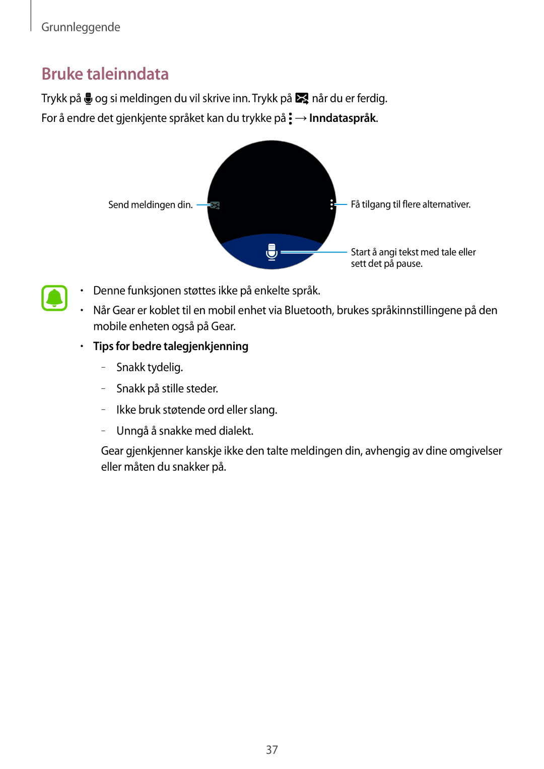 Samsung SM-R7350ZKONEE manual Bruke taleinndata, Tips for bedre talegjenkjenning 