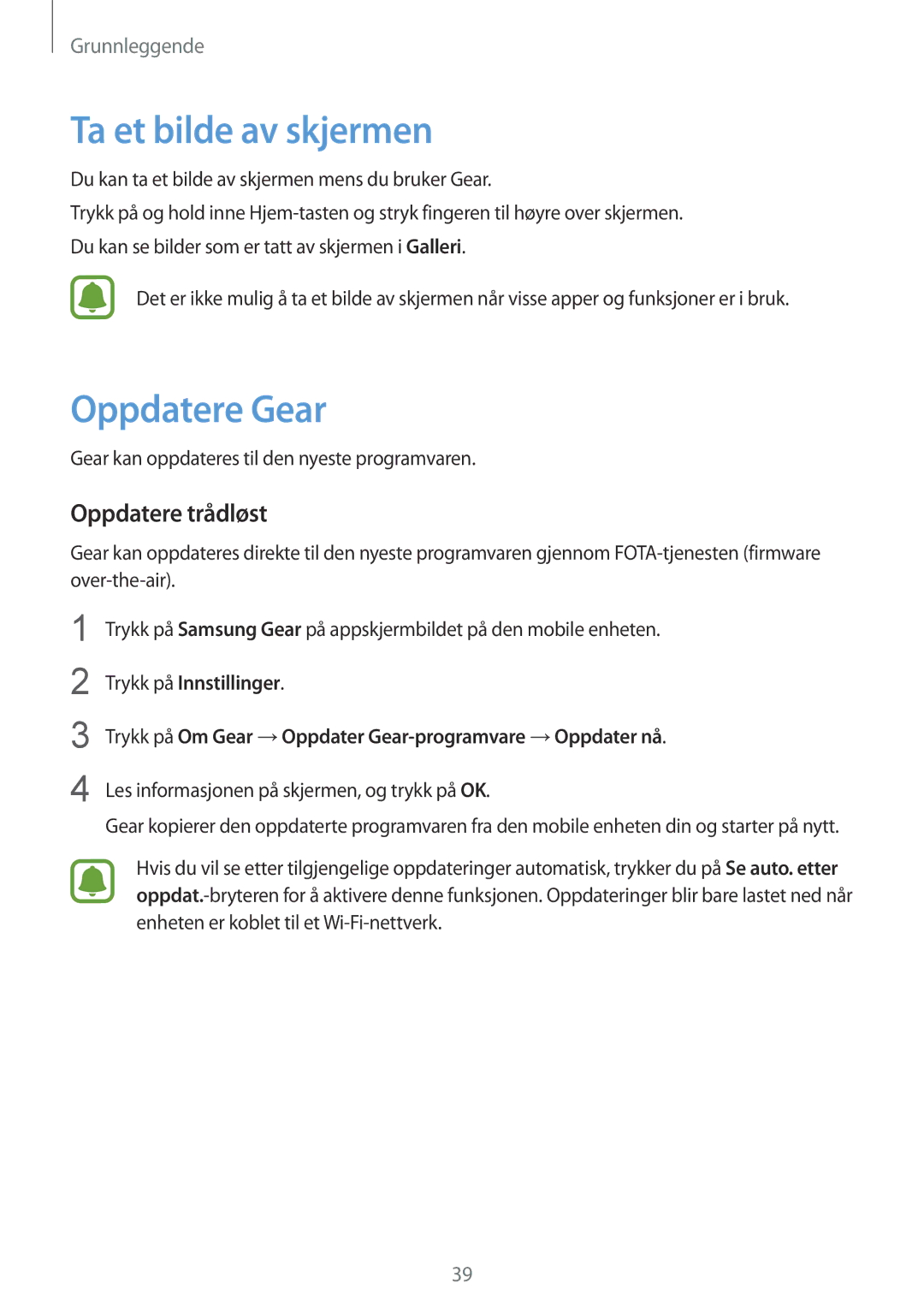 Samsung SM-R7350ZKONEE manual Ta et bilde av skjermen, Oppdatere Gear, Oppdatere trådløst 