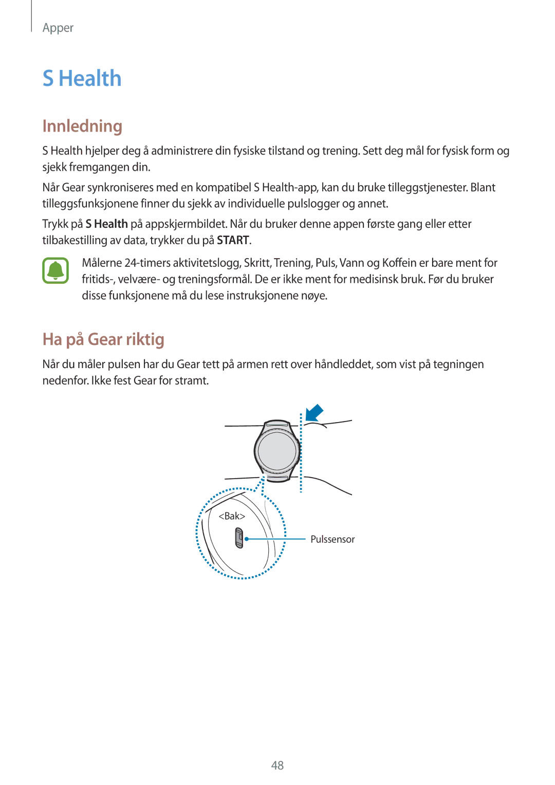 Samsung SM-R7350ZKONEE manual Health, Ha på Gear riktig 