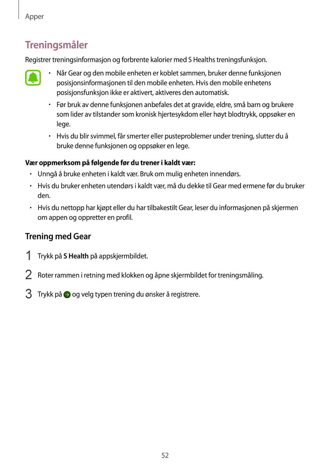 Samsung SM-R7350ZKONEE manual Treningsmåler, Trening med Gear, Vær oppmerksom på følgende før du trener i kaldt vær 