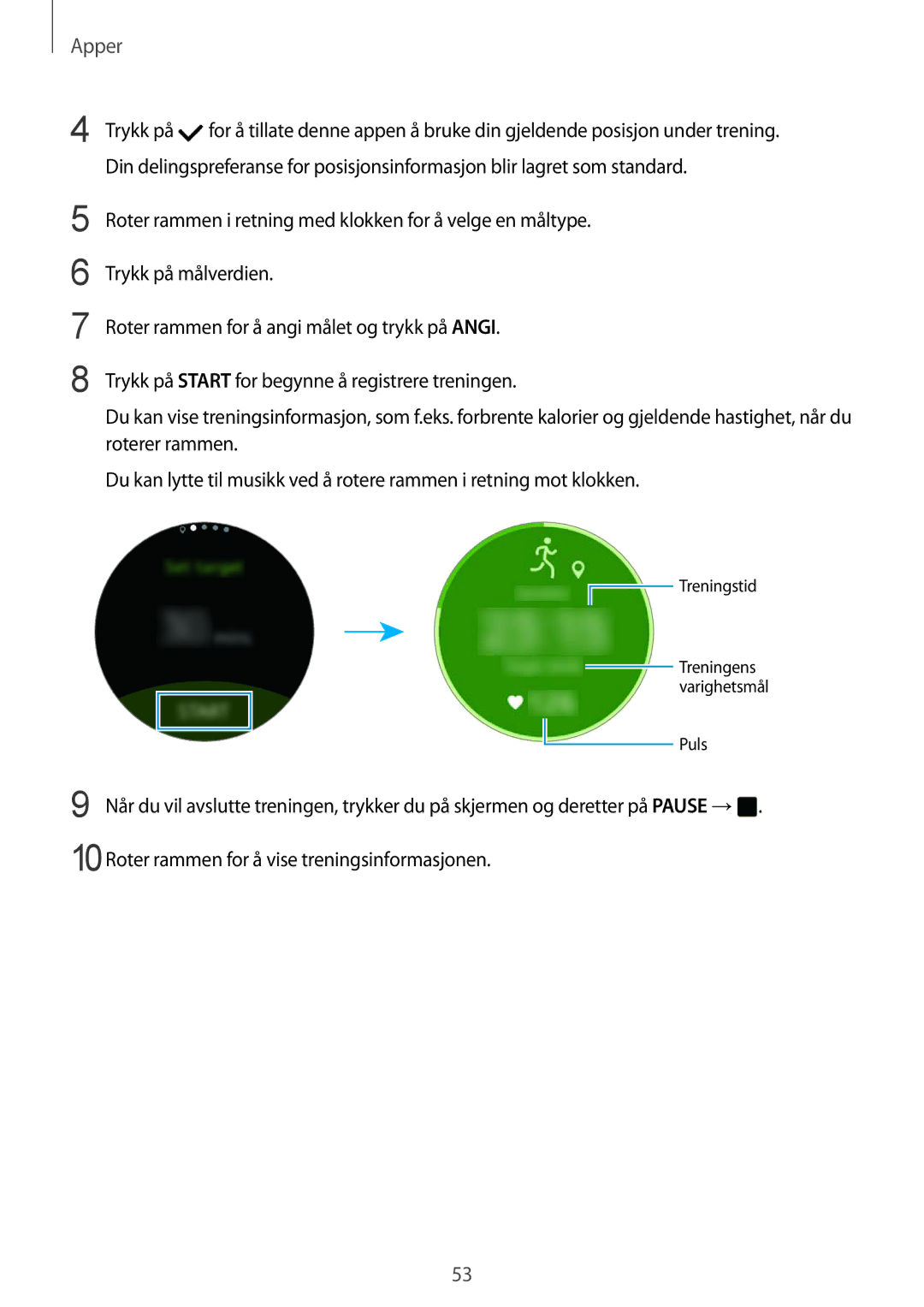 Samsung SM-R7350ZKONEE manual Treningstid Treningens varighetsmål Puls 