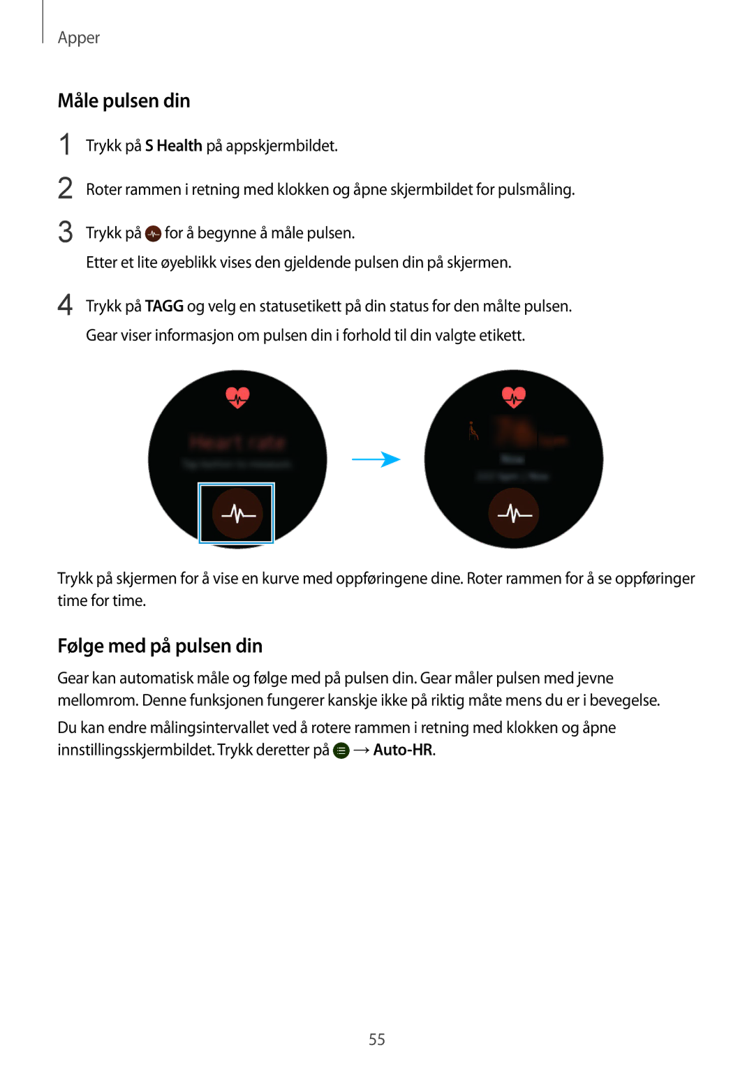 Samsung SM-R7350ZKONEE manual Måle pulsen din, Følge med på pulsen din 