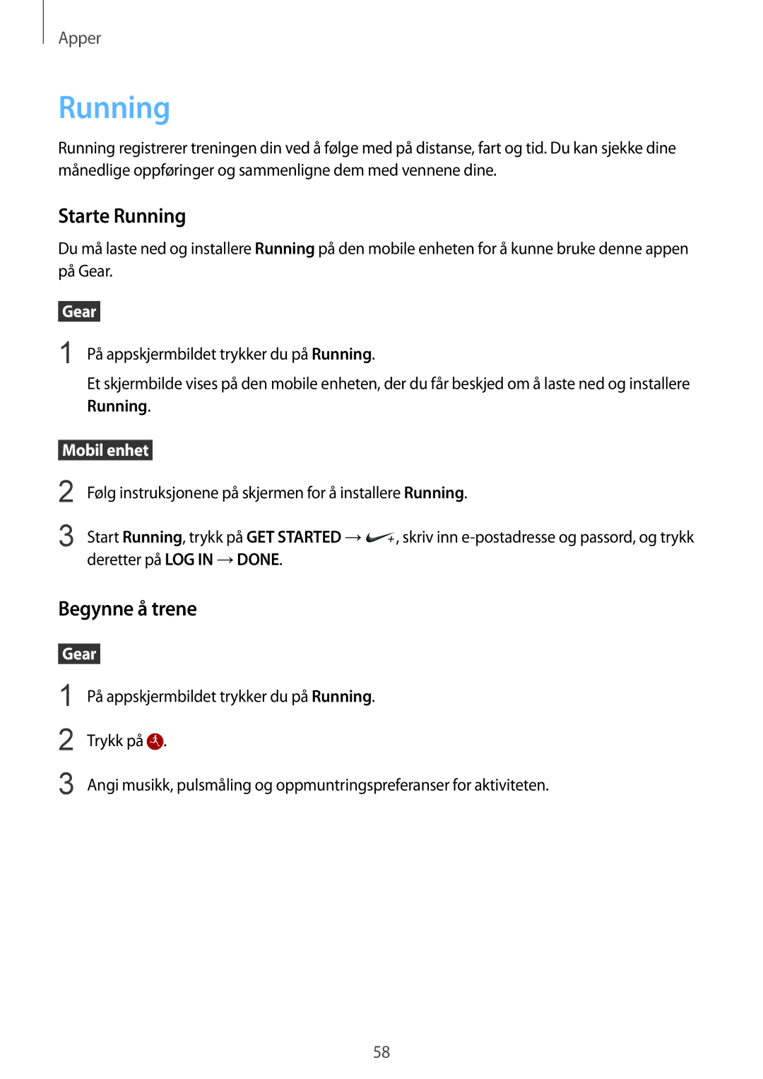 Samsung SM-R7350ZKONEE manual Starte Running, Begynne å trene 