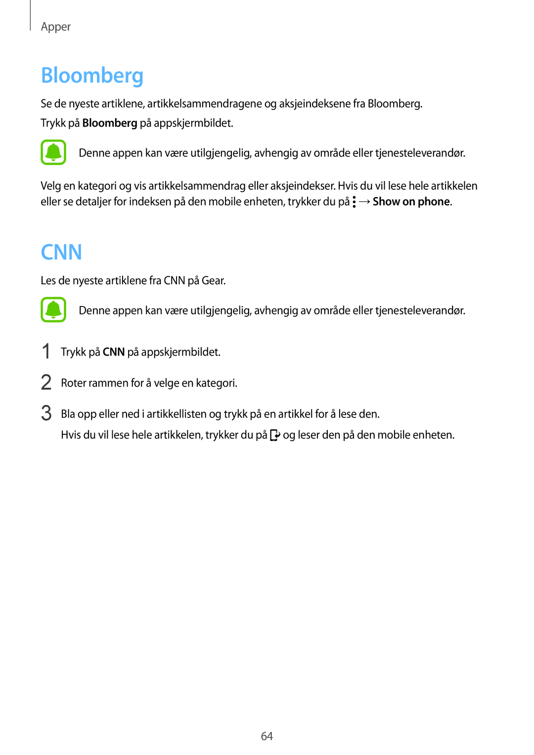 Samsung SM-R7350ZKONEE manual Bloomberg, Cnn 