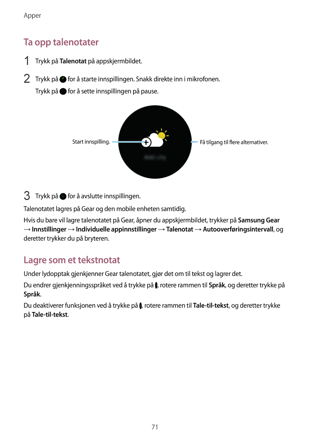 Samsung SM-R7350ZKONEE manual Ta opp talenotater, Lagre som et tekstnotat 