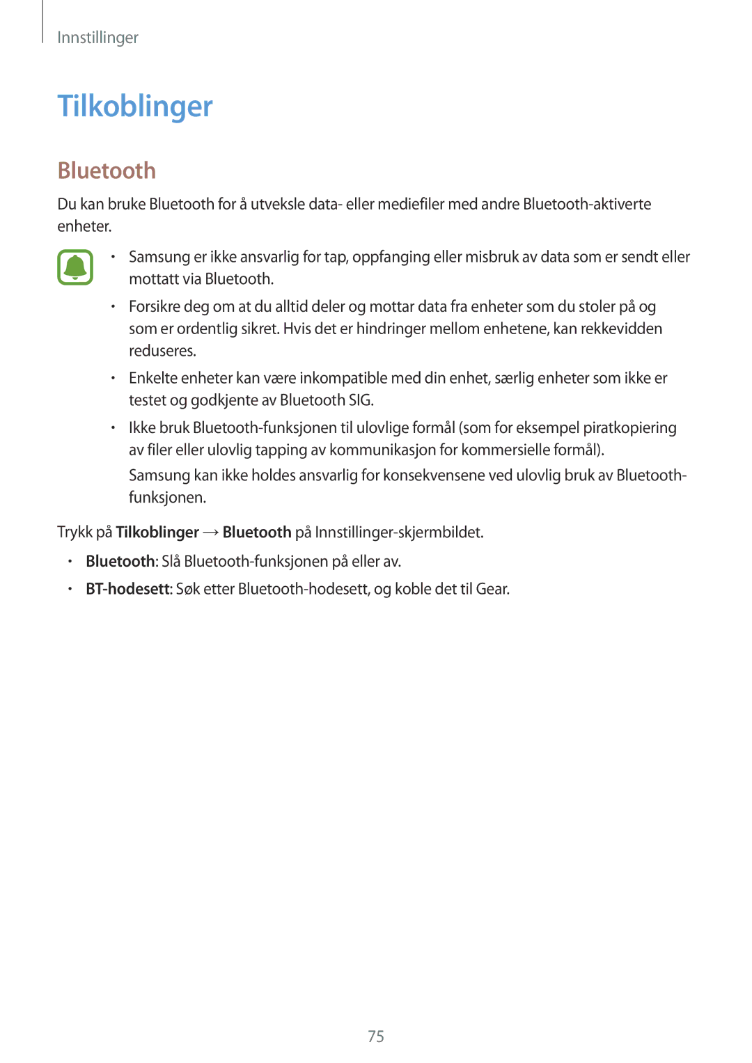 Samsung SM-R7350ZKONEE manual Tilkoblinger, Bluetooth 