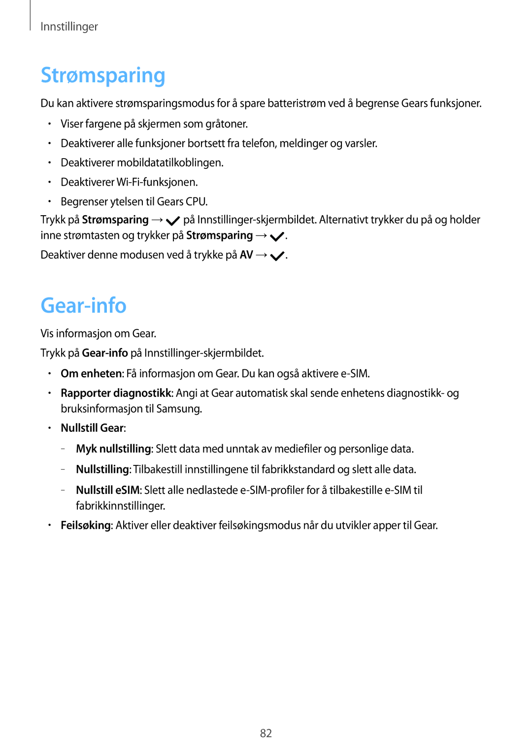 Samsung SM-R7350ZKONEE manual Strømsparing, Gear-info, Nullstill Gear 