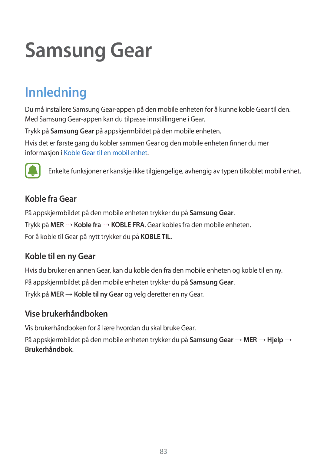 Samsung SM-R7350ZKONEE manual Koble fra Gear, Koble til en ny Gear, Vise brukerhåndboken 