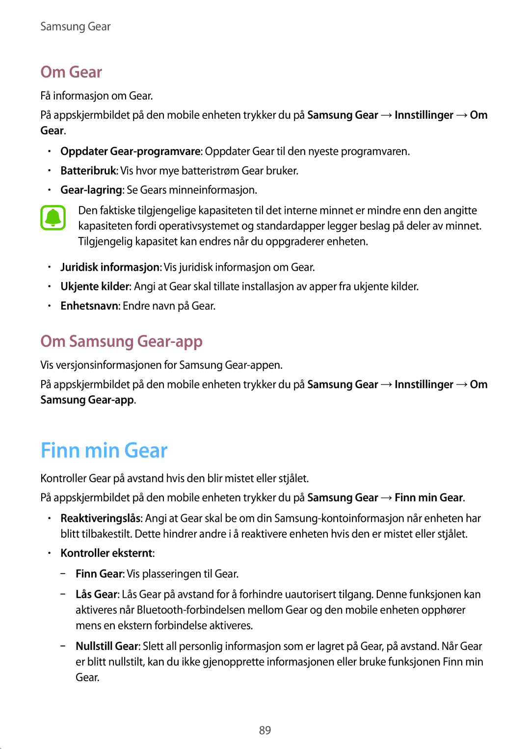 Samsung SM-R7350ZKONEE manual Finn min Gear, Om Gear, Om Samsung Gear-app, Få informasjon om Gear, Kontroller eksternt 