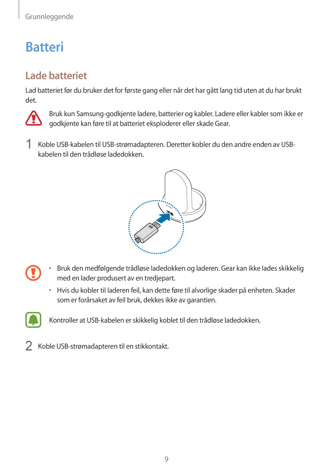 Samsung SM-R7350ZKONEE manual Batteri, Lade batteriet, Med en lader produsert av en tredjepart 