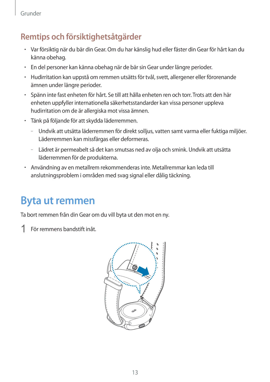 Samsung SM-R7350ZKONEE manual Byta ut remmen, Remtips och försiktighetsåtgärder 