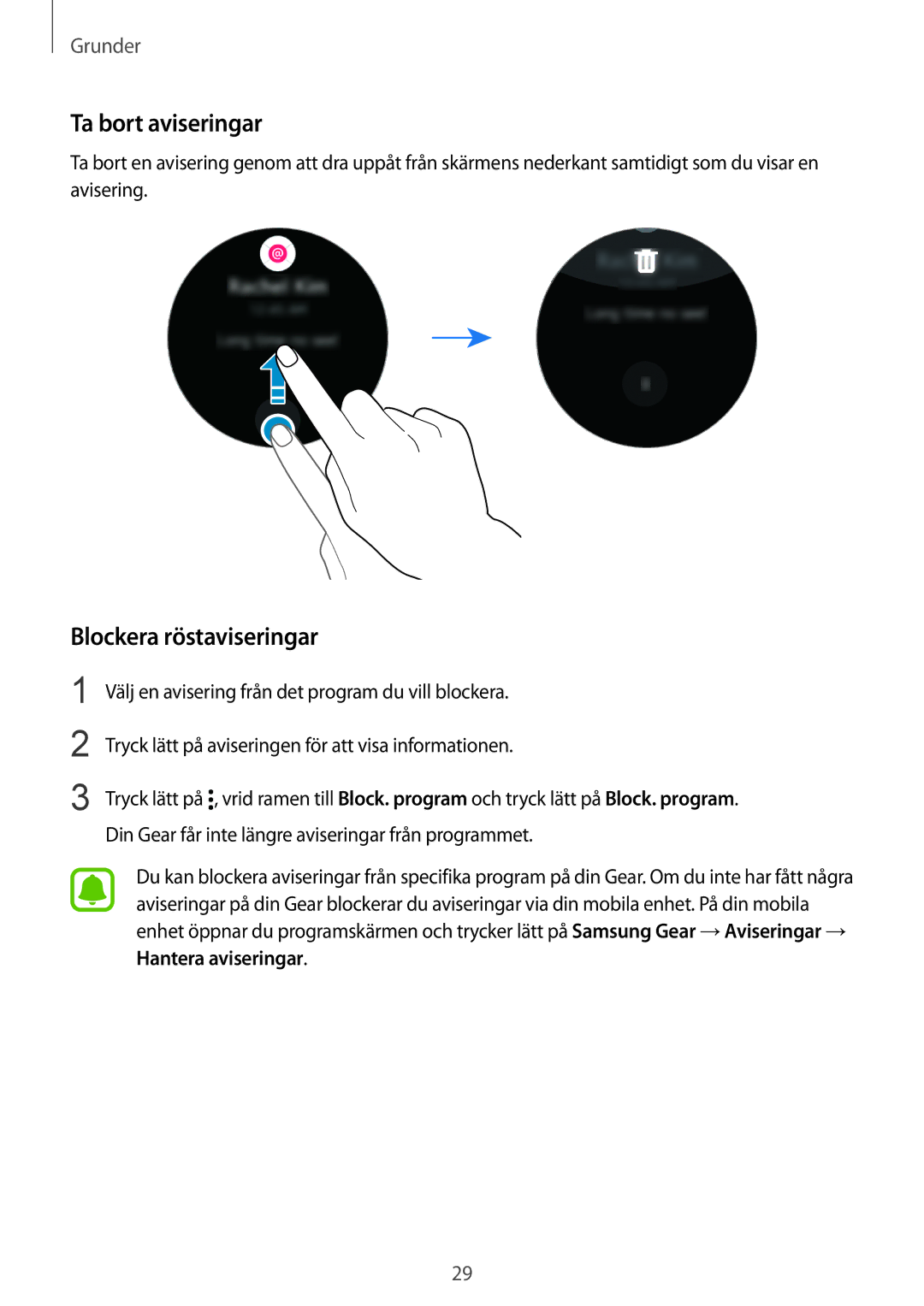 Samsung SM-R7350ZKONEE manual Ta bort aviseringar, Blockera röstaviseringar, Hantera aviseringar 