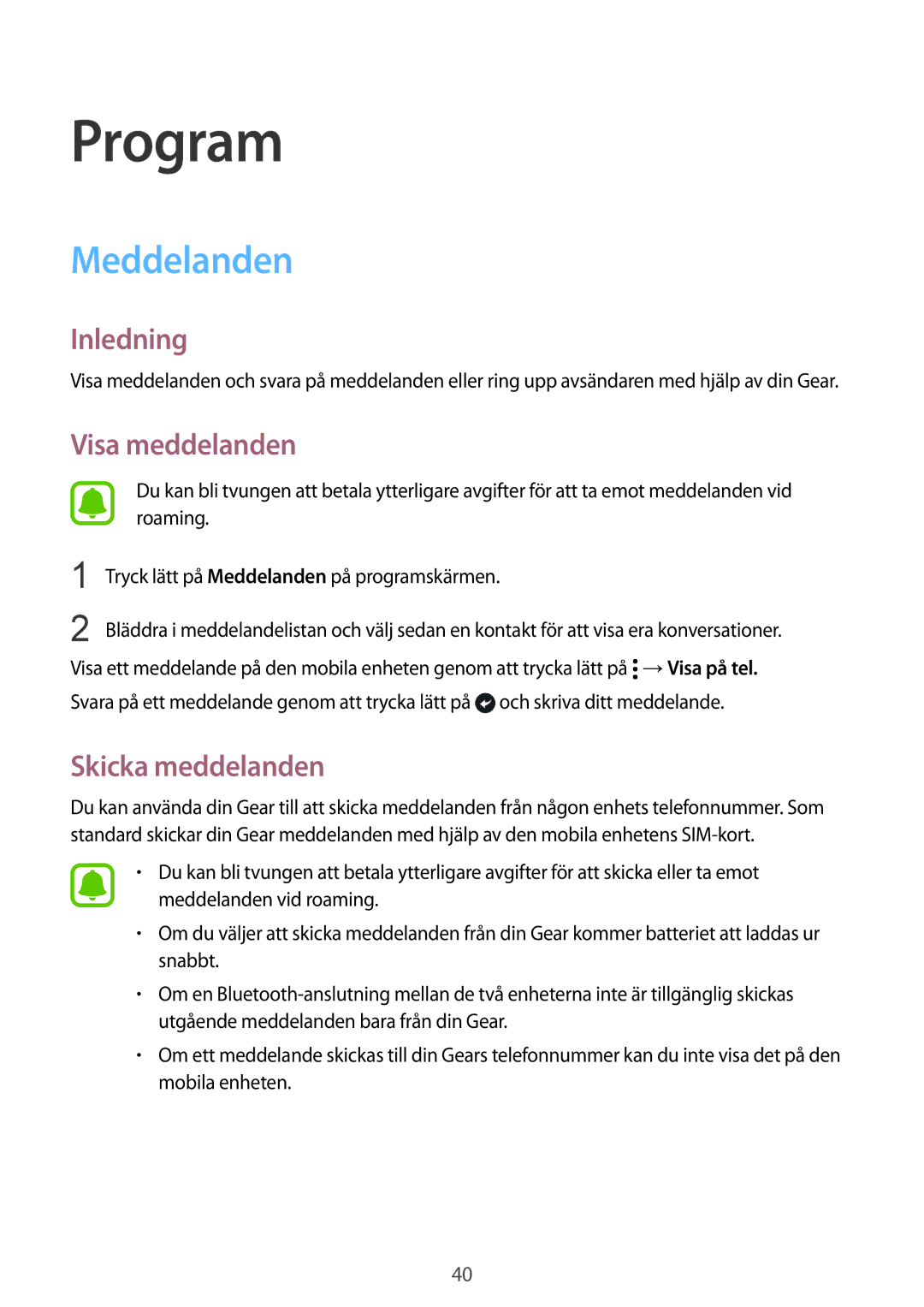 Samsung SM-R7350ZKONEE manual Meddelanden, Visa meddelanden, Skicka meddelanden 