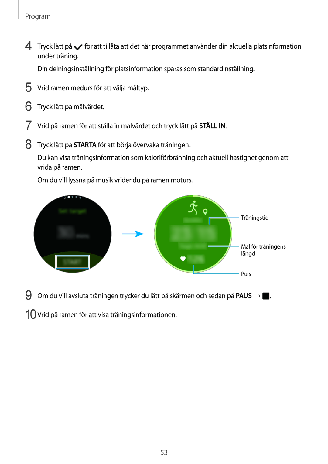 Samsung SM-R7350ZKONEE manual Träningstid Mål för träningens längd Puls 