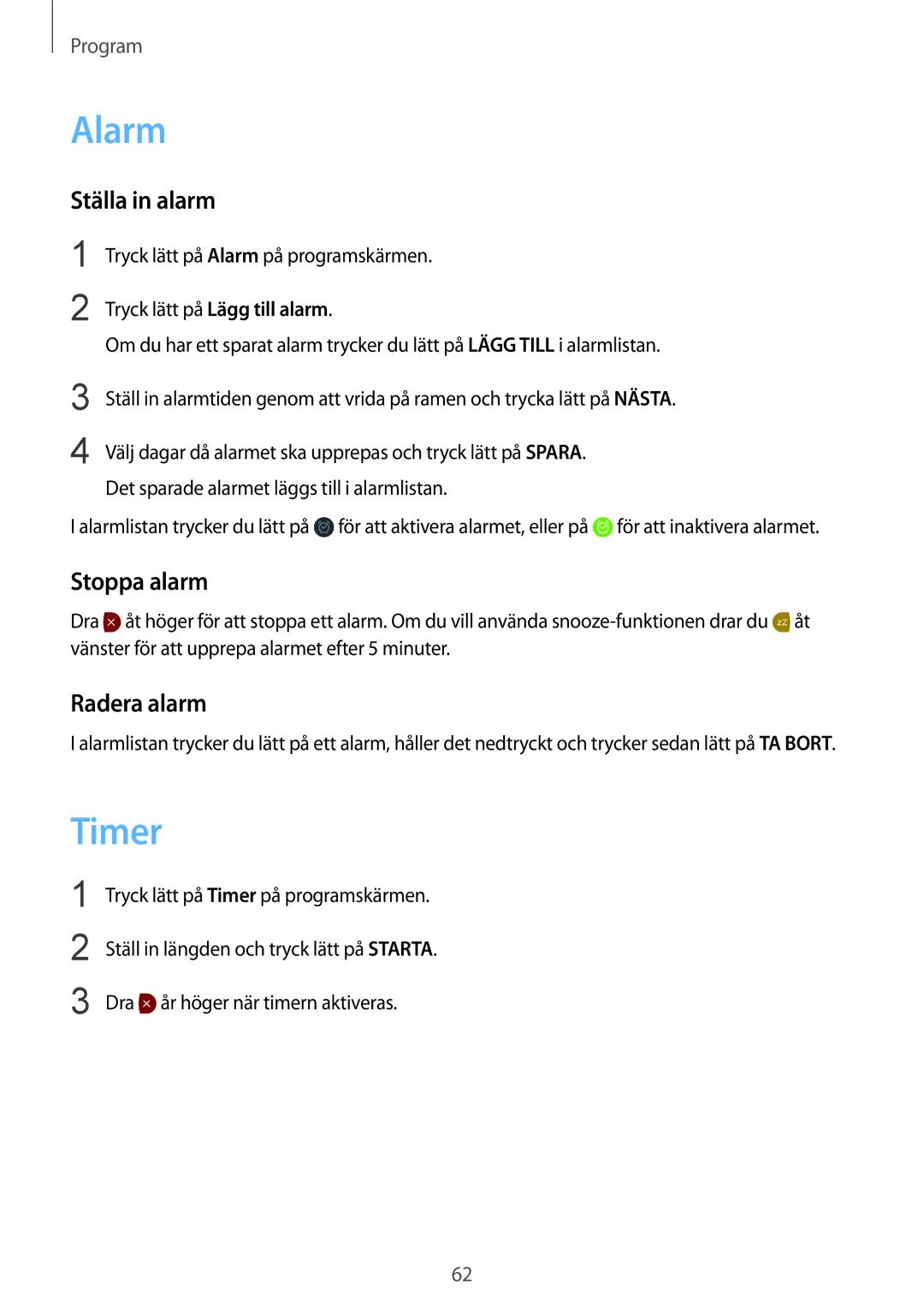 Samsung SM-R7350ZKONEE manual Alarm, Timer, Ställa in alarm, Stoppa alarm, Radera alarm 