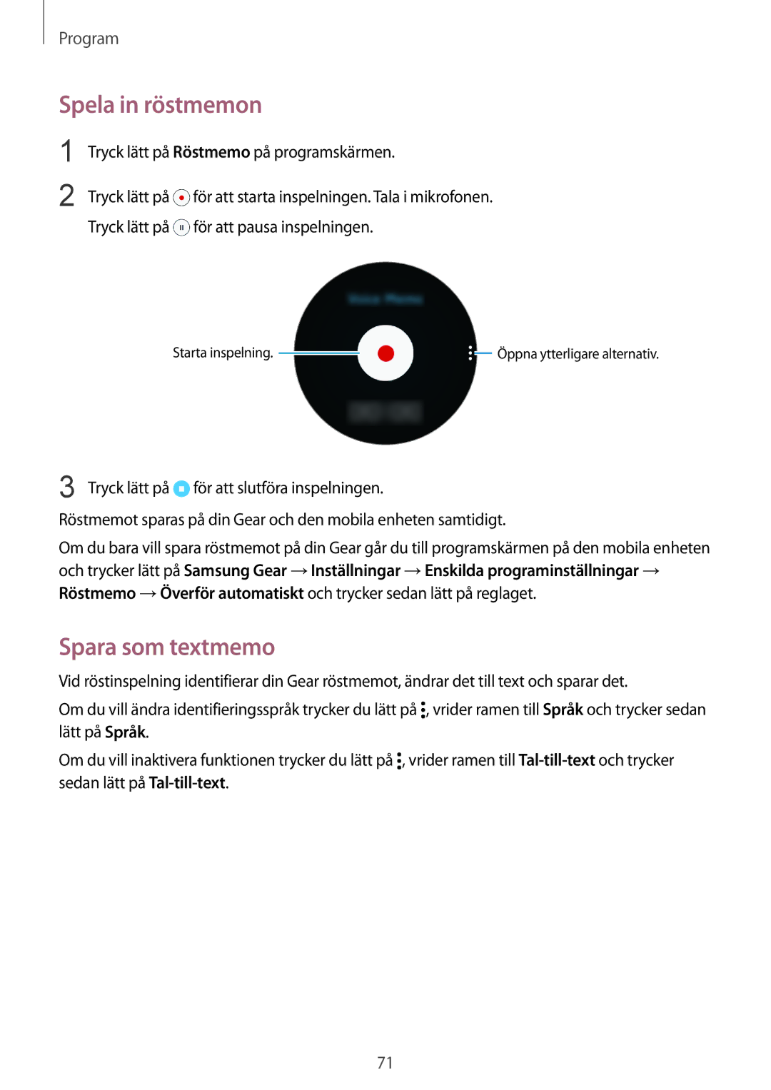 Samsung SM-R7350ZKONEE manual Spela in röstmemon, Spara som textmemo, Tryck lätt på Röstmemo på programskärmen 