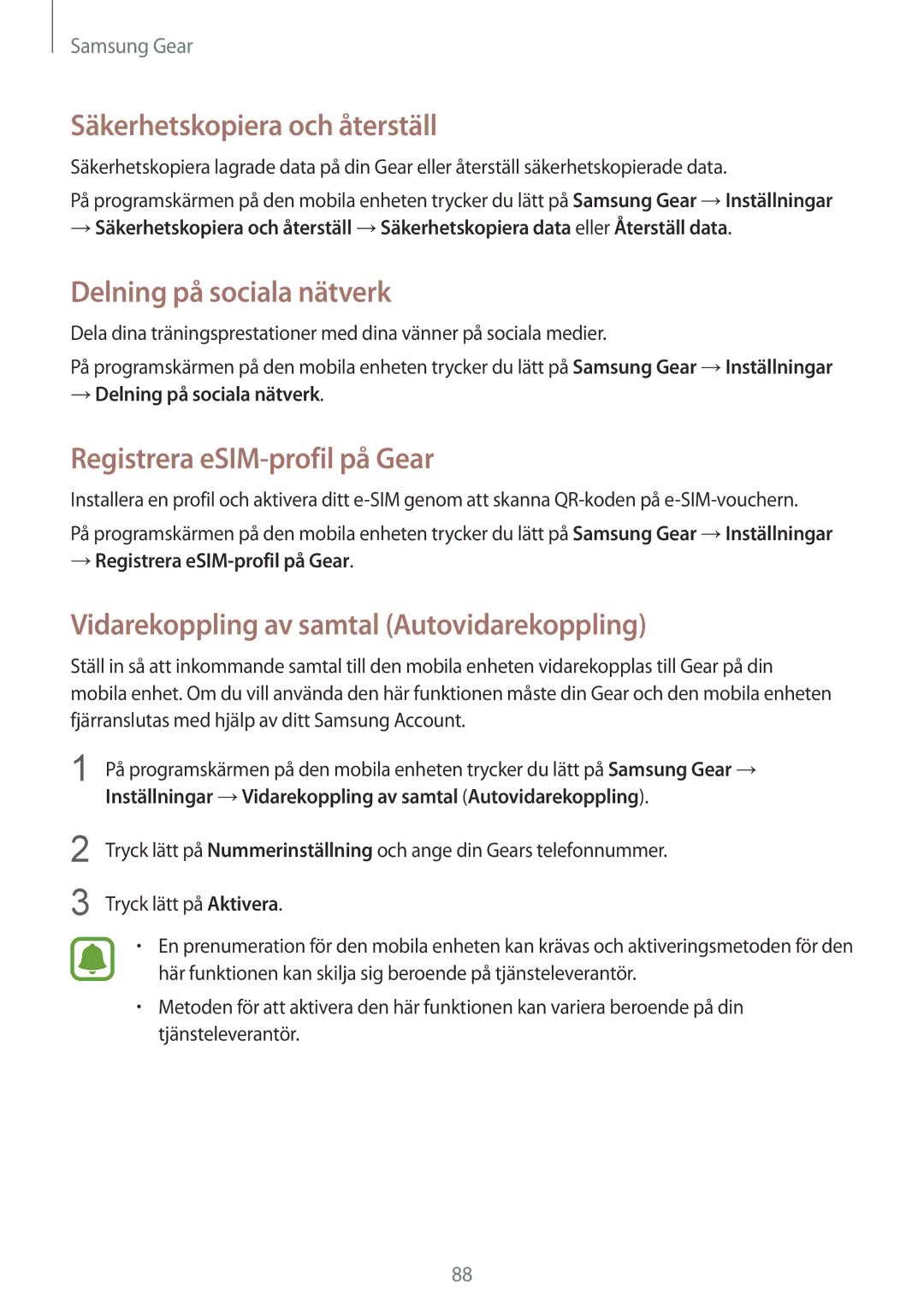 Samsung SM-R7350ZKONEE manual Säkerhetskopiera och återställ, Delning på sociala nätverk, Registrera eSIM-profil på Gear 