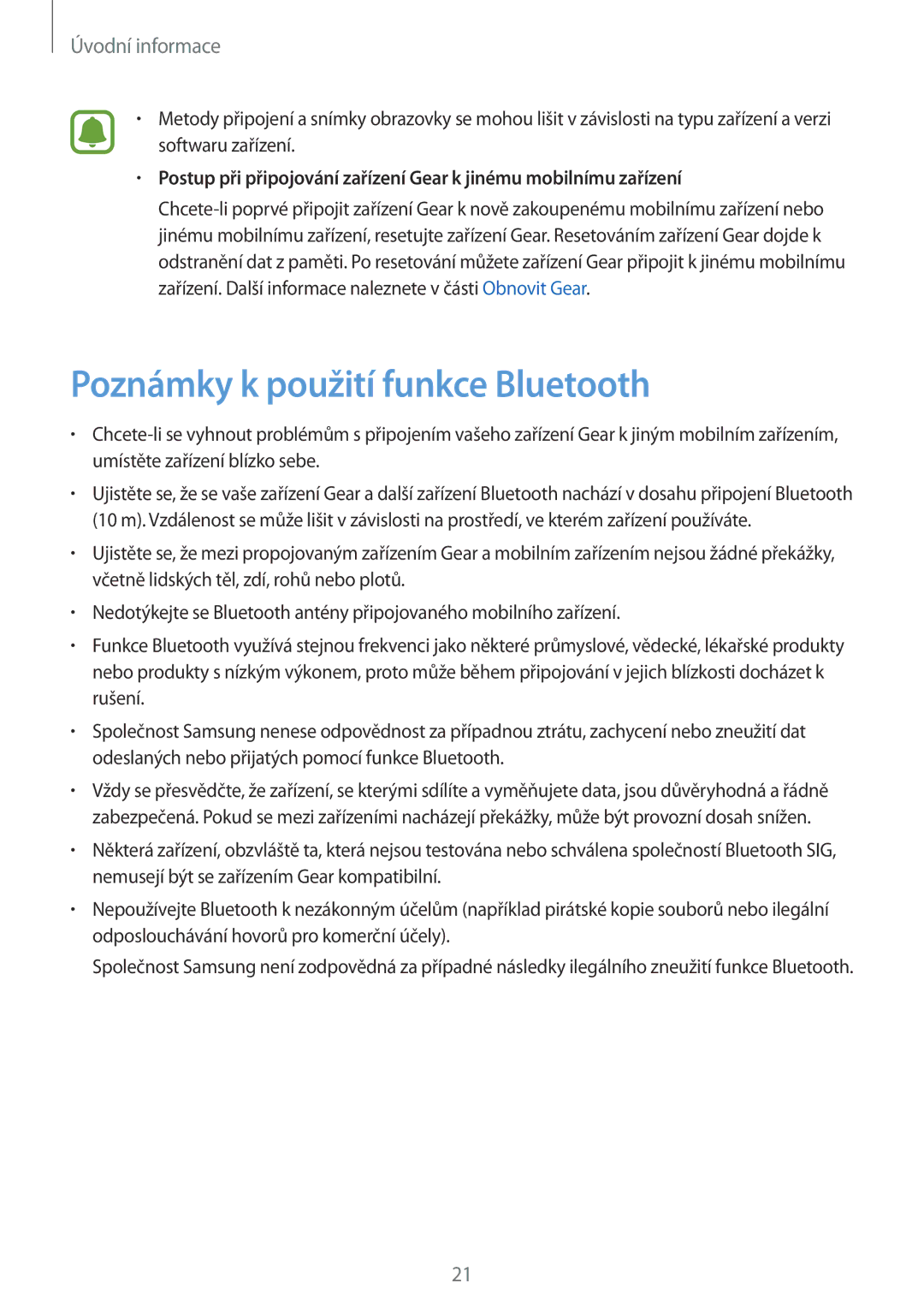 Samsung SM-R7500ZWAEUR, SM-R7500ZKAATO, SM-R7500ZWAXEO, SM-R7500ZKAXEO, SM-R7500ZWAATO Poznámky k použití funkce Bluetooth 