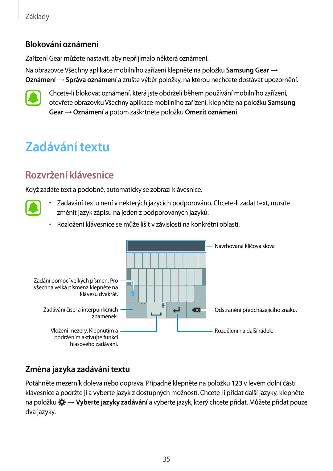 Samsung SM-R7500ZWAEUR manual Zadávání textu, Rozvržení klávesnice, Blokování oznámení, Změna jazyka zadávání textu 