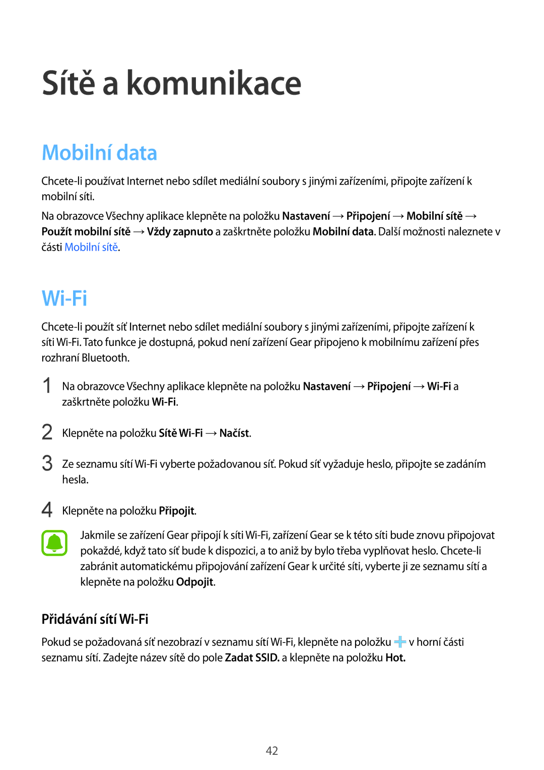 Samsung SM-R7500ZKAATO, SM-R7500ZWAXEO, SM-R7500ZKAXEO manual Sítě a komunikace, Mobilní data, Přidávání sítí Wi-Fi 