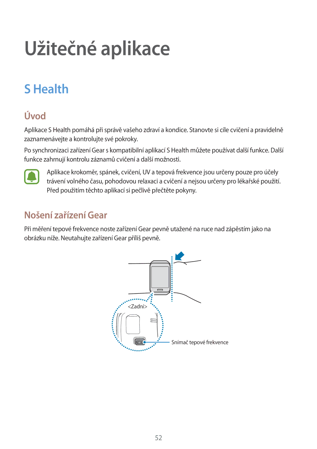 Samsung SM-R7500ZWAXSK, SM-R7500ZKAATO, SM-R7500ZWAXEO, SM-R7500ZKAXEO manual Užitečné aplikace, Health, Nošení zařízení Gear 