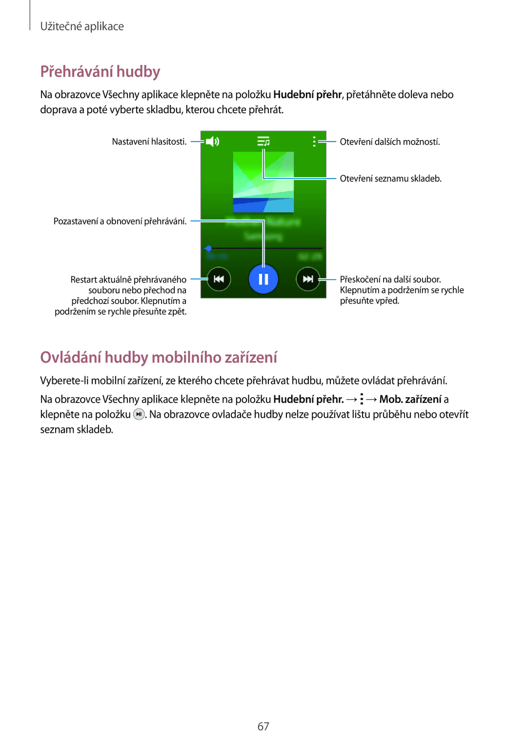 Samsung SM-R7500ZWAXEZ, SM-R7500ZKAATO, SM-R7500ZWAXEO, SM-R7500ZKAXEO Přehrávání hudby, Ovládání hudby mobilního zařízení 