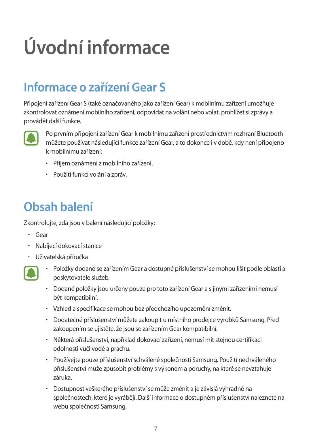 Samsung SM-R7500ZWAEUR, SM-R7500ZKAATO, SM-R7500ZWAXEO manual Úvodní informace, Informace o zařízení Gear S, Obsah balení 