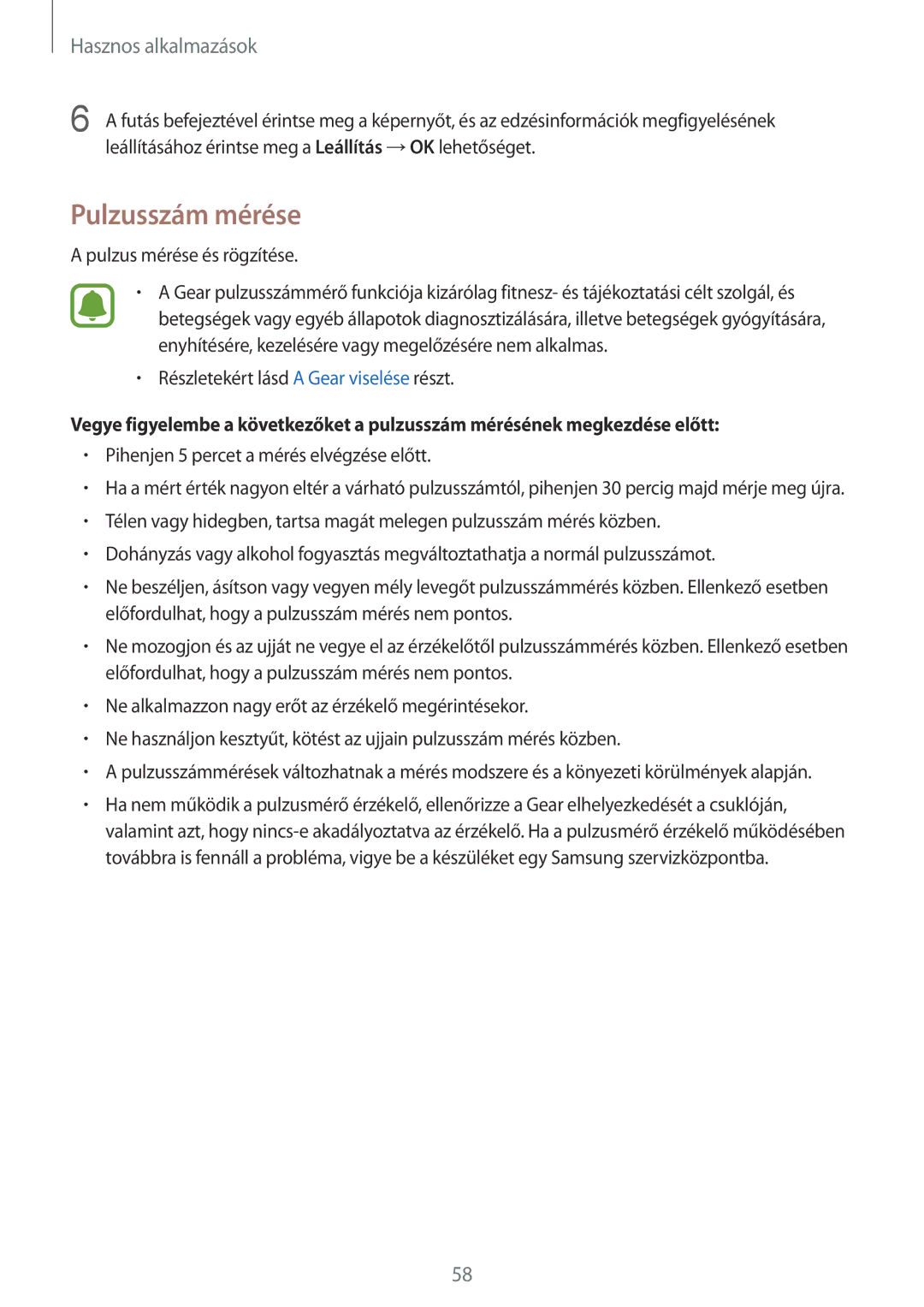Samsung SM-R7500ZKAXEO manual Pulzusszám mérése, Pulzus mérése és rögzítése, Részletekért lásd a Gear viselése részt 