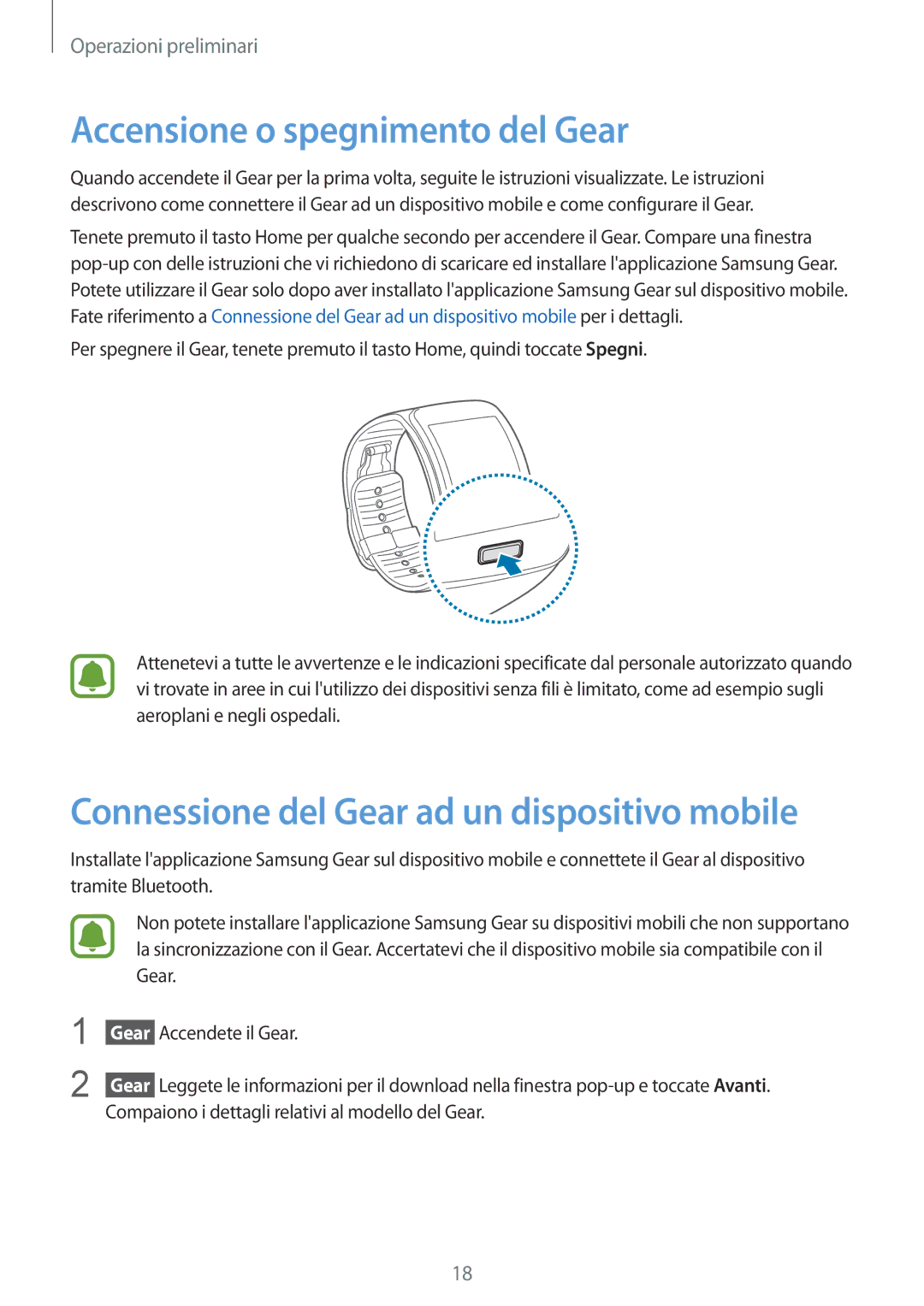 Samsung SM-R7500ZKAXEO, SM-R7500ZKADBT Accensione o spegnimento del Gear, Connessione del Gear ad un dispositivo mobile 