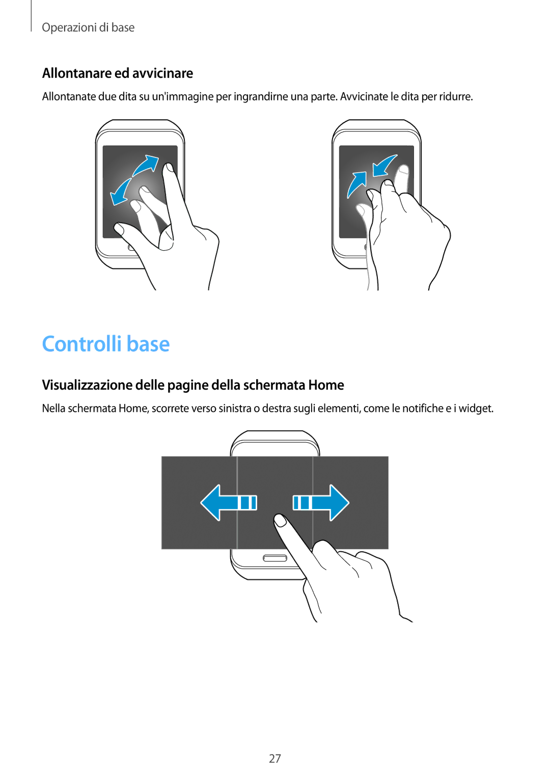 Samsung SM-R7500ZKAITV manual Controlli base, Allontanare ed avvicinare, Visualizzazione delle pagine della schermata Home 