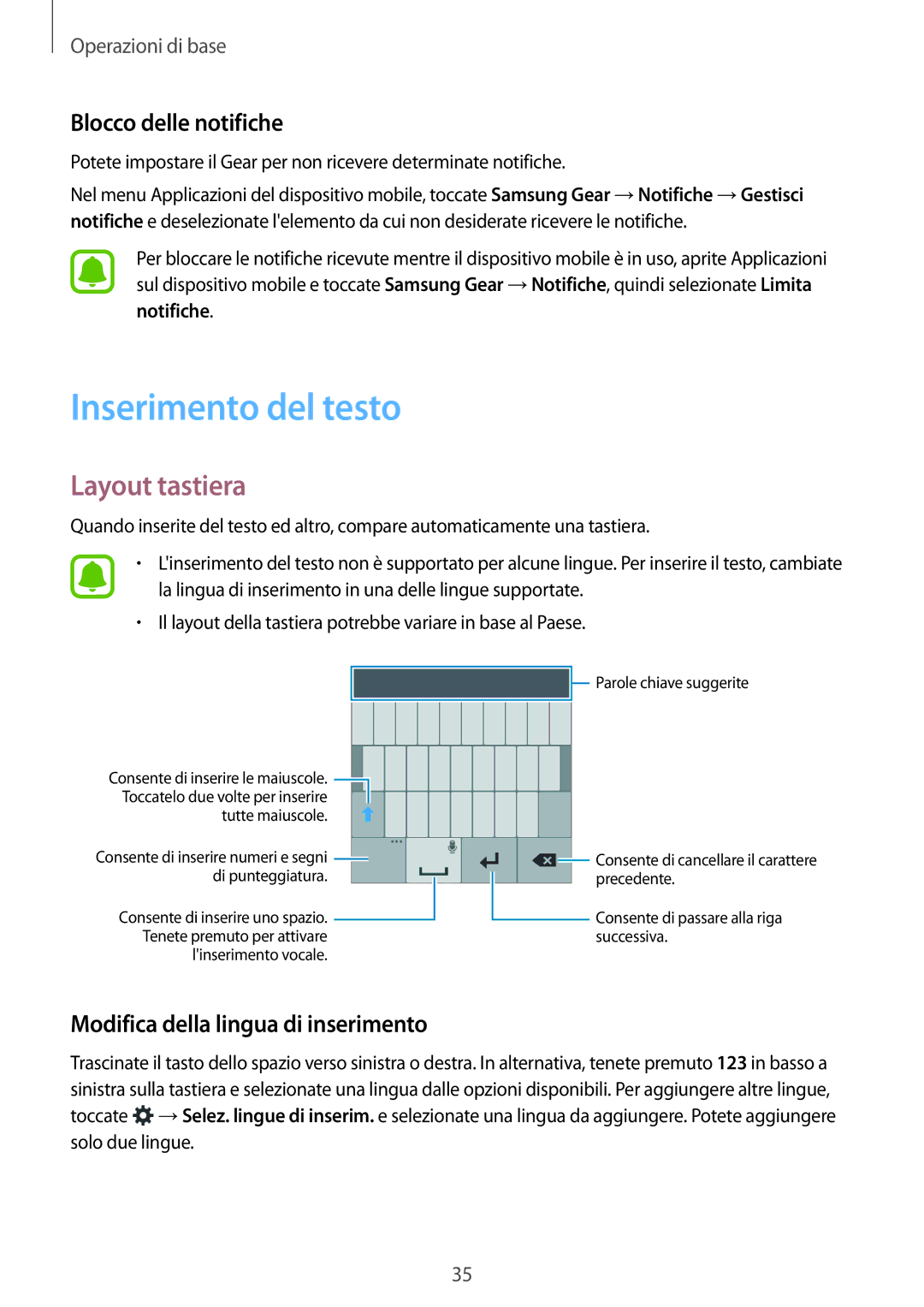 Samsung SM-R7500ZKADBT, SM-R7500ZWATUR, SM-R7500ZKATUR manual Inserimento del testo, Layout tastiera, Blocco delle notifiche 