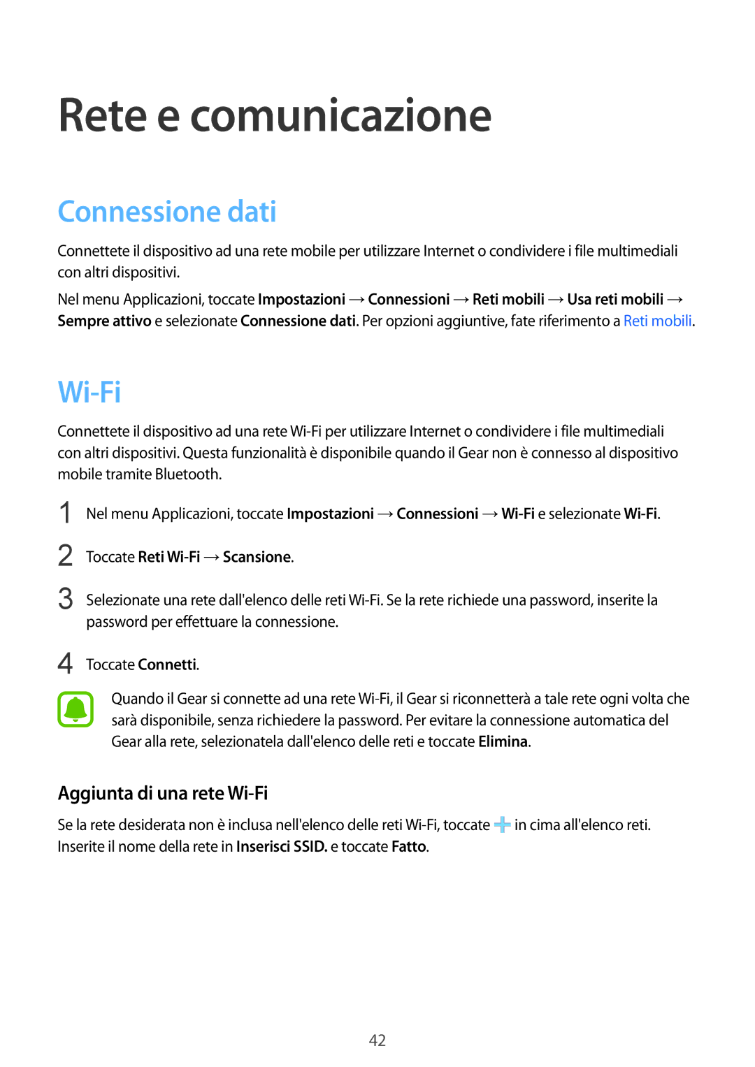 Samsung SM-R7500ZKADBT, SM-R7500ZWATUR manual Rete e comunicazione, Connessione dati, Aggiunta di una rete Wi-Fi 