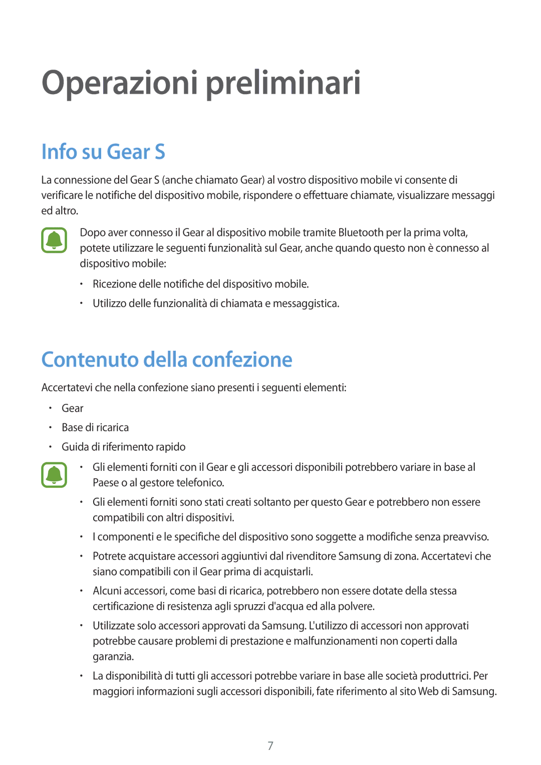 Samsung SM-R7500ZKADBT, SM-R7500ZWATUR, SM-R7500ZKATUR Operazioni preliminari, Info su Gear S, Contenuto della confezione 