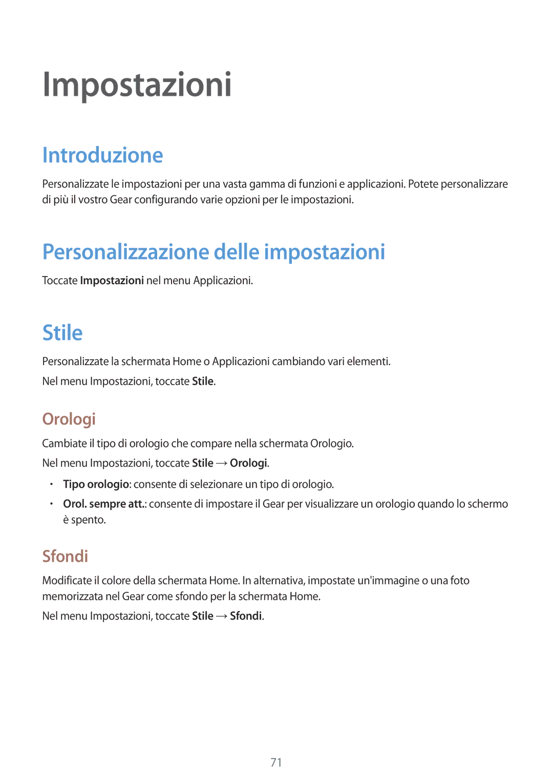 Samsung SM-R7500ZWATUR, SM-R7500ZKADBT manual Impostazioni, Introduzione, Personalizzazione delle impostazioni, Stile 