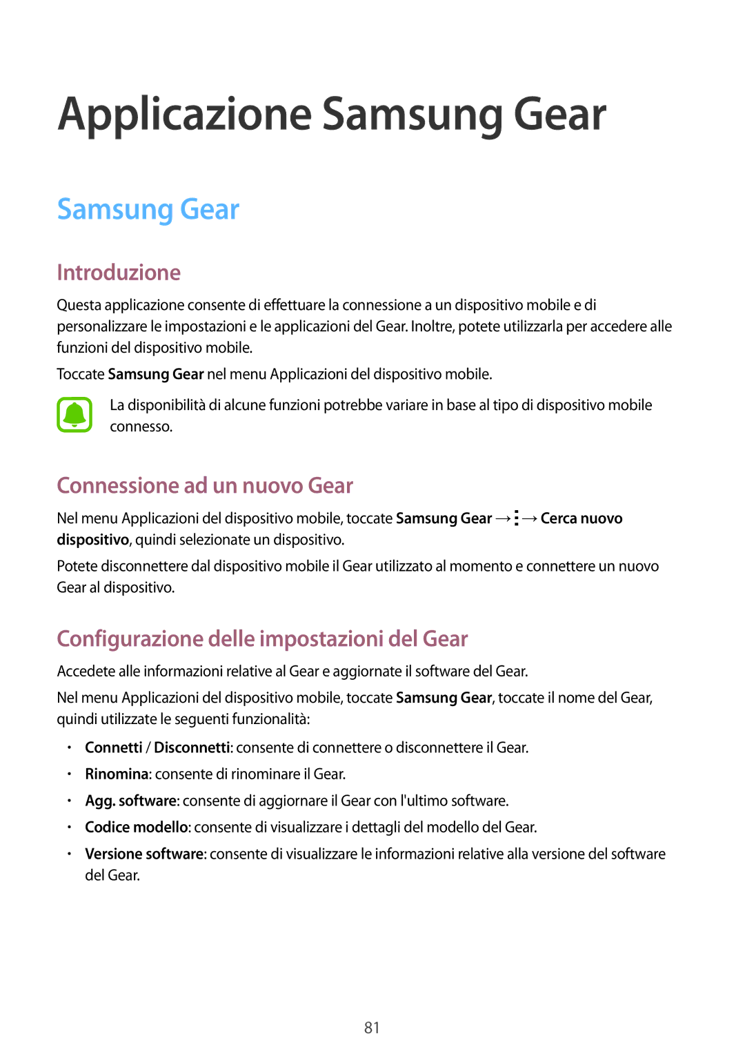 Samsung SM-R7500ZKAXEO Applicazione Samsung Gear, Connessione ad un nuovo Gear, Configurazione delle impostazioni del Gear 